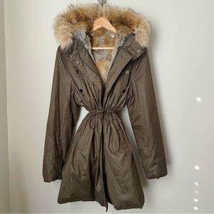 Blue Duck Rabbit Fur Lined Coyote Fur Trim Green Parka Jacket Coat XL Nordstrom